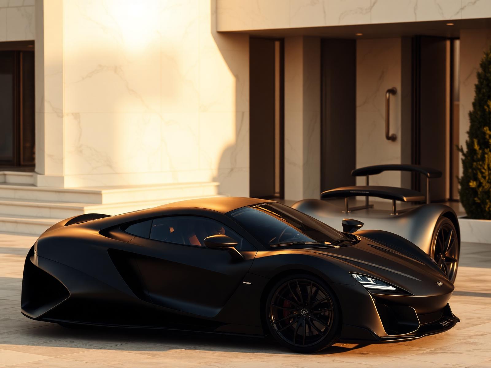 Matte black supercar outside a marble mansion at golden hour